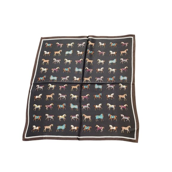 Luxury Black 100% Silk Equestrian Horse Print Scarf With Brown Border Decorative - Picture 9 of 12